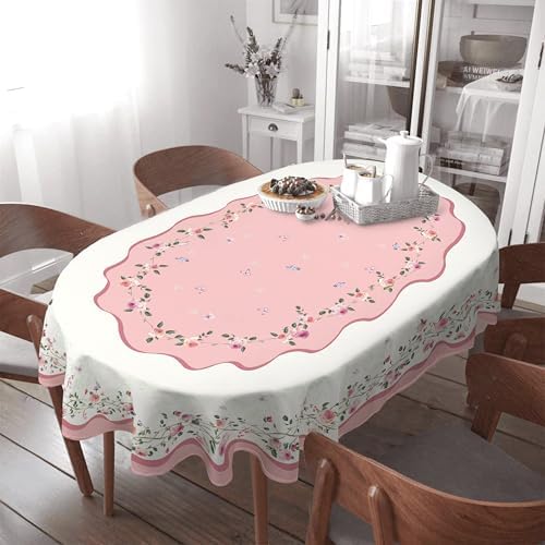Pink Floral Tablecloth Decoration Tablecloths, Pink Rose Rosette Butterfly Table Covers, Waterproof Table Cover for Dinner Kitchen Party Holiday Decor 60"x 84" Oval