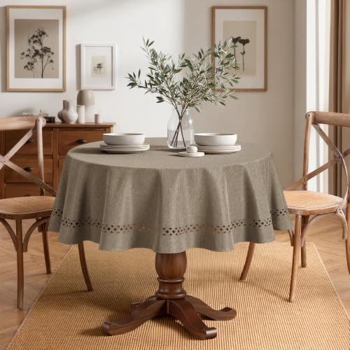 MIULEE Khaki 60 Inch Round Linen Tablecloth with Decorative Cutouts