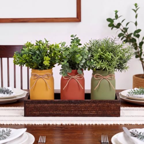 Unittype 3 Pack Boho Mason Jars Centerpiece for Table Farmhouse Wood Tray with 3 Painted Jars and Fake Eucalyptus Plants Rustic Coffee Table Centerpiece for Dining Room Kitchen Living Bathroom