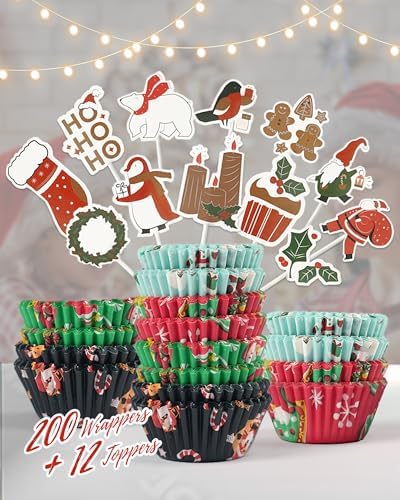 Bake Choice Standard 200 Pcs Christmas Cupcake Liners with 12 Pcs Cupcake Toppers, Christmas Muffin Liners, Baking Cups for Xmas Holiday Party Favors