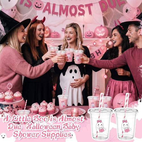 FillTouch 50 Pcs Halloween a Little Boo Almost Due Baby Shower Cups Pink