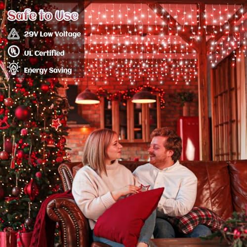 99ft Icicle Lights for Outside, Red and White Christmas Lights Outdoor Indoor, 1216 LED Twinkle Light with 228 Drops Short Curtain Light for Thanksgiving Room Home Wall Bedroom Window Decoration