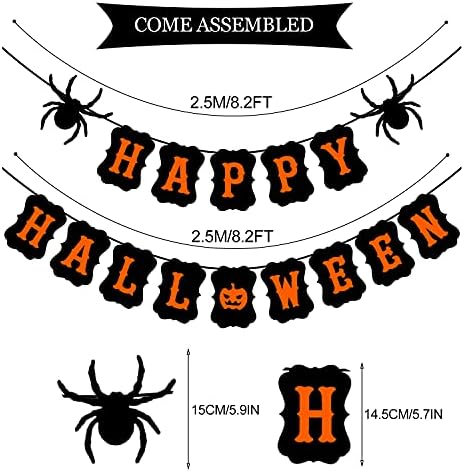 JOZON Happy Halloween Banner with Spider Pumpkin Sign for Party Decorations