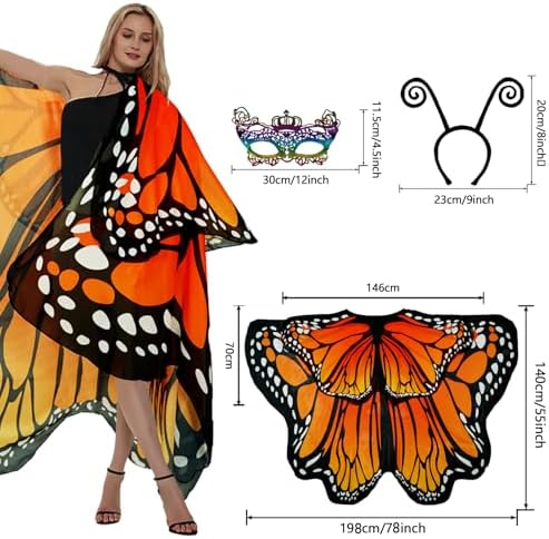 Adult Butterfly Costume Women Monarch Butterfly Wings Cape Shawl Halloween 3Pcs Mask Hairband