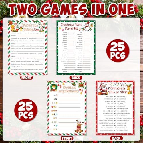 54 Pcs Christmas Party Games Card Set Merry Christmas Trivia Party Game Xmas Holiday Word Scramble Pictionary This or That Paper Cards for Family Adults Large Group Activities Supplies with Answer Key