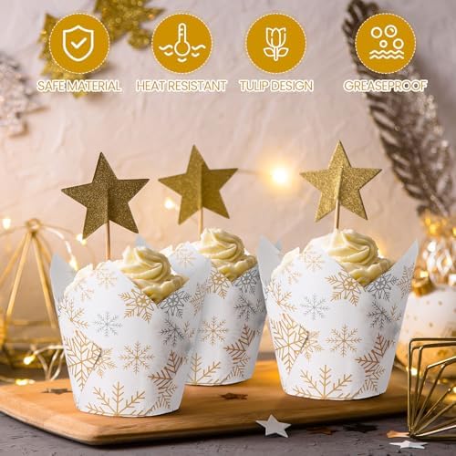 Maxdot 200 Pcs Winter Snowflake Tulip Cupcake Liners for Baking Silver Gold Snowflake Paper Muffin Baking Cups Christmas Tulip Muffin Liners Wrappers for Xmas Winter Birthday Party Supplies