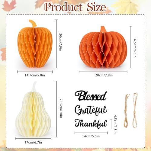 3PCS Paper Pumpkin Table Centerpieces, Pumpkins Honeycomb Centerpiece for Table Decorations with Thankful Signs for Fall, Halloween, Thanksgiving, Baby Shower, Birthday Party