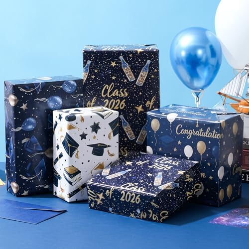 Ulmasinn Graduation Wrapping Paper, 4 Class of 2026 Designs, Navy Blue & Gold Graduation Wrapping Paper for Graduation Gifts, Party Decorations, 20 x 29 Inch Folded 8 Sheets