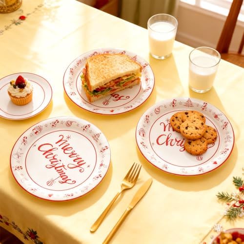 Uiifan 100 Pcs 9 Inch Merry Christmas Paper Plates, Red White Holiday Decor