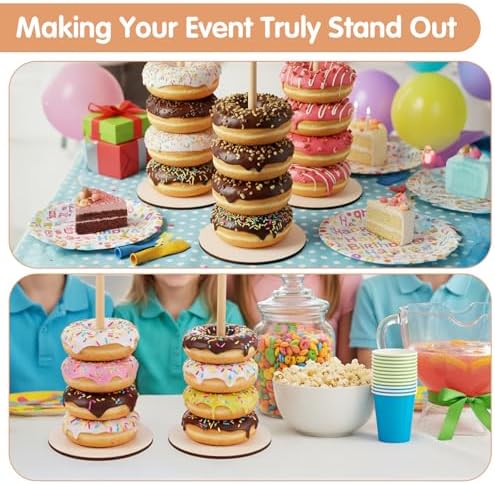 5 PCS Donut Stands for Dessert Table, Wooden Donut Stand Display, Farmhouse Bagel Stand for Dessert Table, Wedding, Birthday, Class Reunion, and Party Decoration