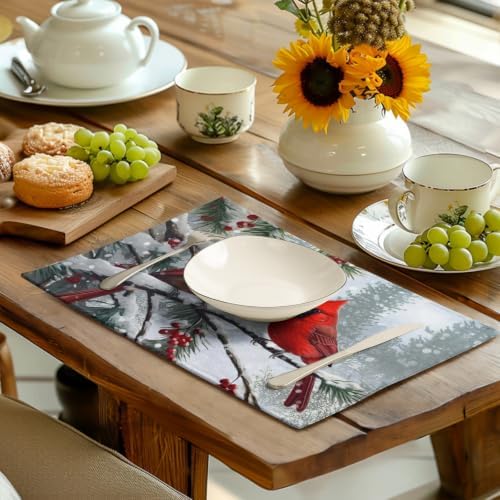 Christmas Placemats Set of 4 Red Cardinal Birds Snowy Place Mats