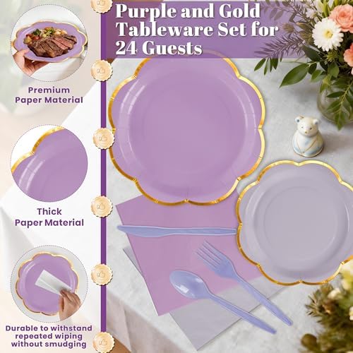 168Pcs Purple Paper Plates and Napkins Party Supplies for 24 Guests