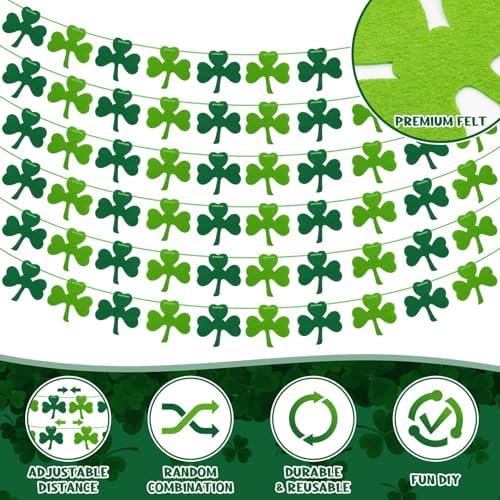 RAINFLOW 60PCS St Patrick's Day Shamrock Garland - 9.8FT Felt Clover Banner