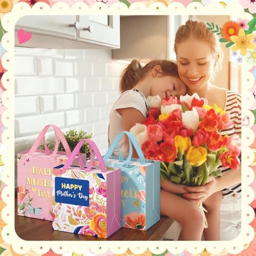 Wesnoy 48 Pcs Happy Mother's Day Tote Gift Bags with Handles Bulk Floral Non Woven Mom Candy Bags Reusable for Gift Wrapping Happy Mother's Day Goody Shopping Party Favor, 11.4 x 10.6 x 4.7 Inch