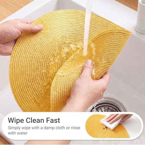 FunWheat Round Braided Placemats Set of 6 Table Mats for Dining Tables Woven Washable Non-Slip Place mats 15inch for Spring(Yellow, 6pcs)