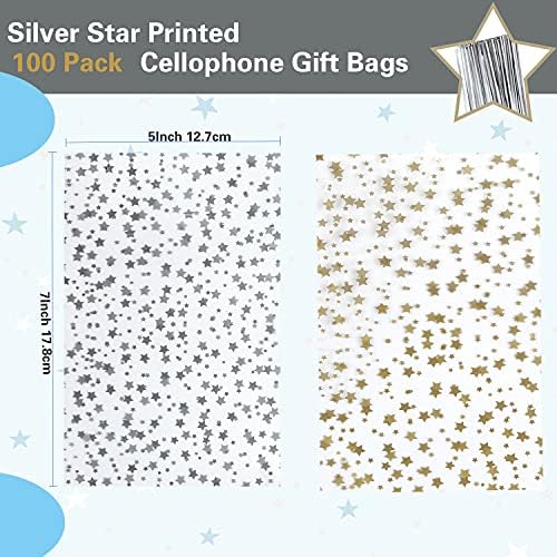 100 Pcs Star Printed 5"X 7" Gift Wrap Cello Cellophane Treat Bags Party Favor bags Clear Candy Cookie Bags Plastic Poly Goodie Storage Bags with Twist Ties for Bakery,Birthday, Wedding ,Party Decorations (Silver)