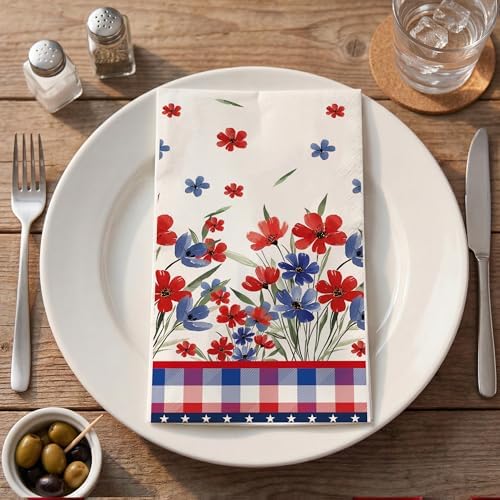 4th of July Disposable Paper Napkins, 200 Pcs Patriotic Napkins for Bathroom, 250th Anniversary Red White Blue Floral Buffalo Plaid Napkins for Independence Day Memorial Day Party Supplies