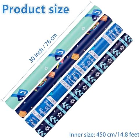 Hanukkah Wrapping Paper (4 Rolls, 148 sq. ft. ttl) Menorahs, Dreidels, Stripe and Star of David Design for Holiday Gift Wrap - Traditional Hanukkah Elements Collection - 30 Inches x 14.8 Feet Per Roll
