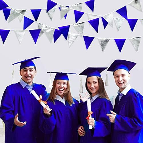 Royal Blue Silver Party Decorations Navy Blue Triangle Pennant Banner Flag Metallic Fabric Bunting Garland for Birthday Graduation Wedding Retirement Nautical Ahoy Achor Pirate Theme Party Supplies