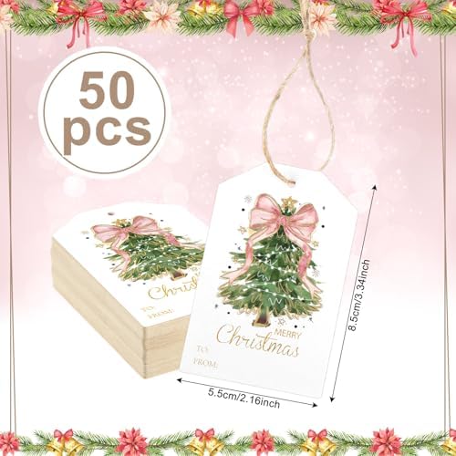 Teling 50 Pcs Christmas Gift Tags with String Pink Bow Merry Christmas Tags