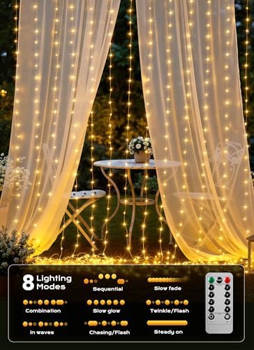 Brightown 600 LED Curtain Lights, 20 FT Plug in Fairy Lights for Bedroom, 8 Lighting Modes, Christmas String Lights for Window Wall Wedding Party Birthday Christmas Decorations, Warm White