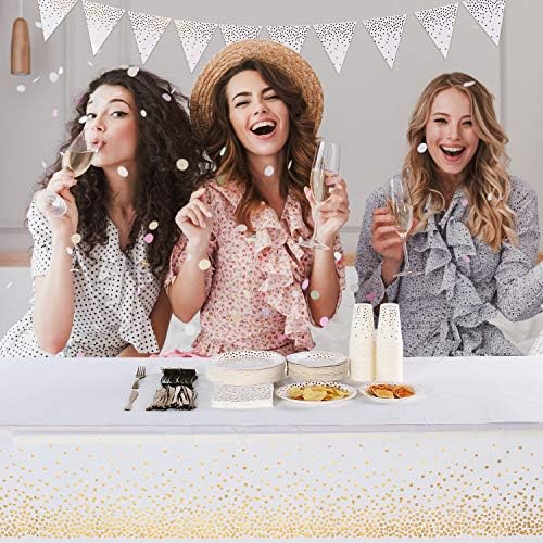 White and Gold Party Supplies 145PCS Disposable Party Dinnerware Paper Plates, Napkins, Knives, Forks, Cups, Banner, for New Year Eve 2026, Bridal Shower, Wedding, Birthday, Serves 24