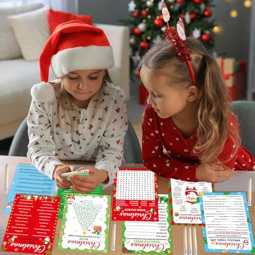 gisgfim 231Pcs Christmas Party Games Cards Xmas Tree Santa Claus Trivia Word Search Scramble Maze Games Winter Christmas Party Supplies for School Classroom Family Activity Holiday Favor