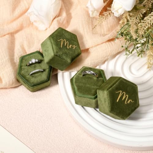 Mr & Mrs Velvet Wedding Ring Box 2 Slots Cursive Hexagon Jewelry Ring Box for Wedding Day Ceremony Bridal Photography Gift Set of 2 (Olive Green)
