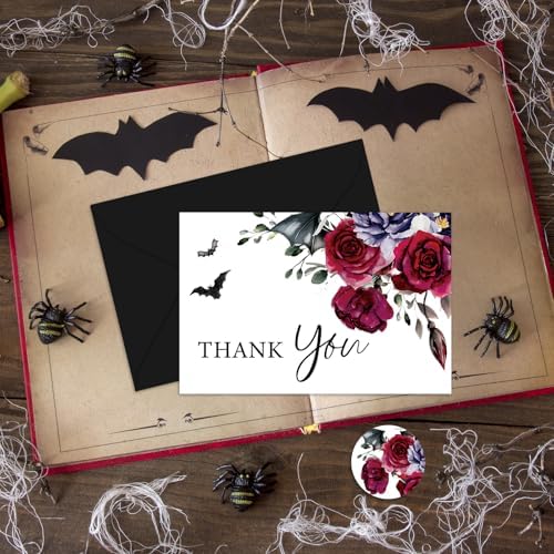 Whaline 36Pcs Halloween Thank You Cards with Envelopes Stickers Blood Red Flower Bat Greeting Cards Blank Note Card for Halloween Birthday Wedding Party Supplies