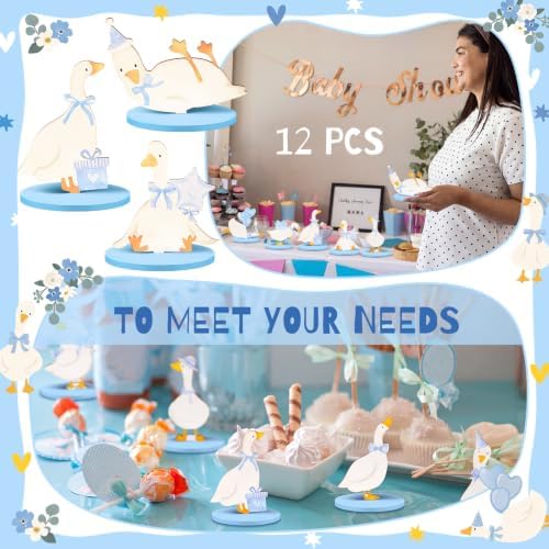 Wesiti 12 Pcs One Silly Goose Birthday Party Decoration Wooden Blue Bow Silly Goose Table Centerpiece Shower Decor Funny Table Decoration Gift for First Birthday Party Favor Desk Tiered Tray