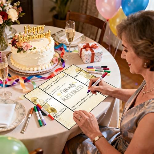 Retirement Party Decorations, Large Retird Card Signing Farewell Party Decorations Happy Retirement Guest Book Creative retirement Card for Men Women (Black Gold)