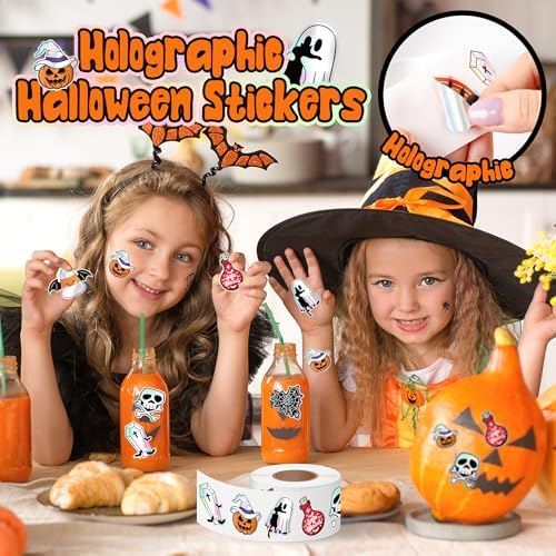 500Pcs Holographic Halloween Stickers Roll - Laser Cute Ghost Pumpkin Self-Adhesive Labels Iridescent Decals for Trick or Treat Bags Envelope Seals Scrapbook Journal, 8 Designs