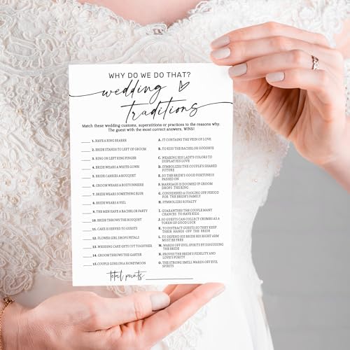 Bridal Shower Game Cards, Why Do We Do That Fun Icebreaker for Engagement Party Guests, 25 Cards with Answer Key, Minimalist White Wedding Shower Party Supplies - A08-3