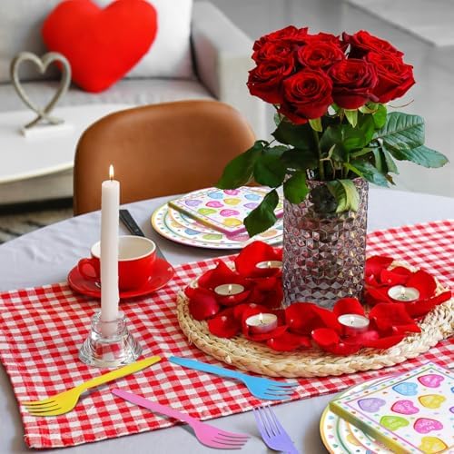 100 Pieces Valentine’s Day Party Tableware Set – Candy Heart Plates, Napkins and Forks, Love Heart Disposable Dinnerware for Valentine Classroom Party and Birthday Supplies