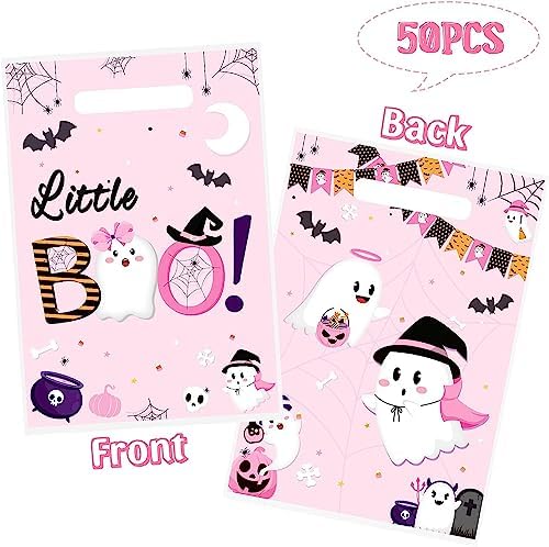 Haooryx Pink Little Boo Favor Bags Halloween Little Ghost Plastic Gift Bags