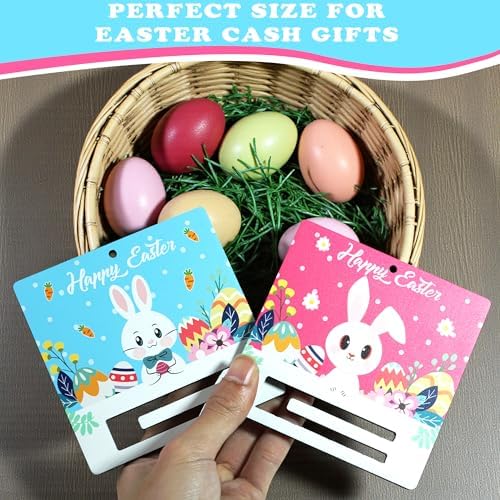 KATINAT Easter Bunny Gift Holder for Cash, Pack of 2 Wooden Rabbit Currency Display, Spring Basket Stuffers for Teens & Kids, Bunny Holding Holiday Egg Money Present, Pink Rabbit Cash Set