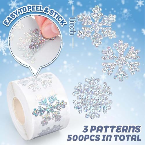 500Pcs Christmas Stickers Roll for Cards 3 Designs Silver Foil Snowflake Stickers Xmas Winter Holiday Adhesive Label Stickers Decal for Xmas Envelopes Invitations Cards Gifts Decor