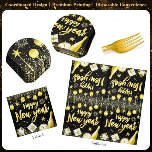 96 Pieces Happy New Year Tableware Set – Black and Gold 2027 Disposable Plates, Napkins, and Forks with Fireworks and Champagne Designs for New Year’s Eve Dinners and Celebrations – Serves 24