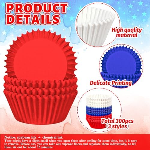 Whaline 300Pcs Patriotic Cupcake Liners 4th of July Blue Red White Standard Muffin Cupcake Wrappers Disposable Baking Cups for 250th Anniversary Independence Day Birthday Party Supplies Table Decor
