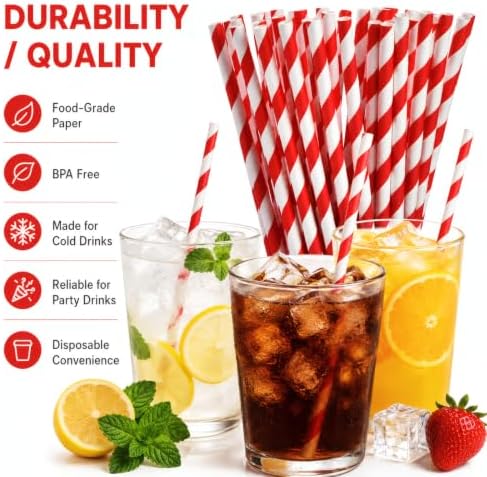 ALINK 100 Red Striped Paper Straws, 7.75 Inch x 0.25 Inch Party Straws