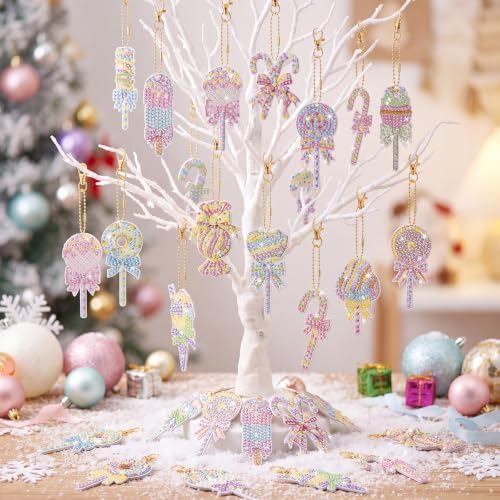 Tondiamo 20 Pcs Christmas Macaron Candy Diamond Painting Keychain Kits 5d DIY Diamond Art Pendants Double Sided Hanging Key Chains for Christmas Party Decoration DIY
