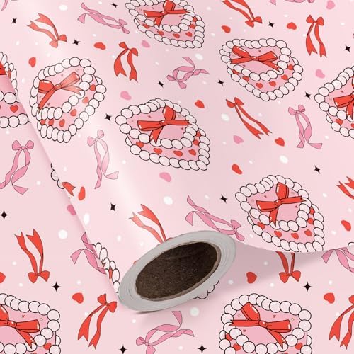 WRAPAHOLIC Valentines Day Wrapping Paper Roll - Mini Roll - 17 Inch x 16.5 Feet - Pearl Jewelry Box and Ribbon Bow Wrapping Paper for Valentine's Day, Wedding, Anniversary, Girl Women Birthday