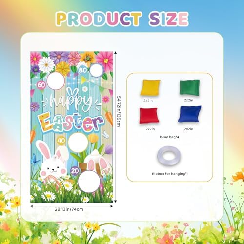Easter Party Games Set Bean Bag Toss Game for Adults Banner with 4 Bean Bags for Tossing Bunny Egg Easter Party Decoration Indoor Outdoor Festive Decor