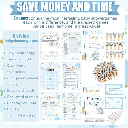 Funnymoom 426 Pcs Blue Elephant Baby Shower Games Set, 8 Activities