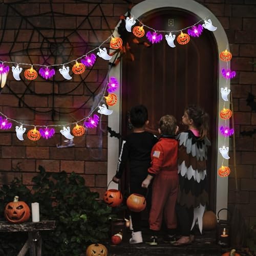 2 Pack Halloween Lights Indoor Outdoor Decorations Total 40FT 60 LED Pumpkin Bat Ghost Halloween String Lights Battery Operated, 8 Modes Waterproof Spooky Fairy Lights Home Yard Window Outside Decor