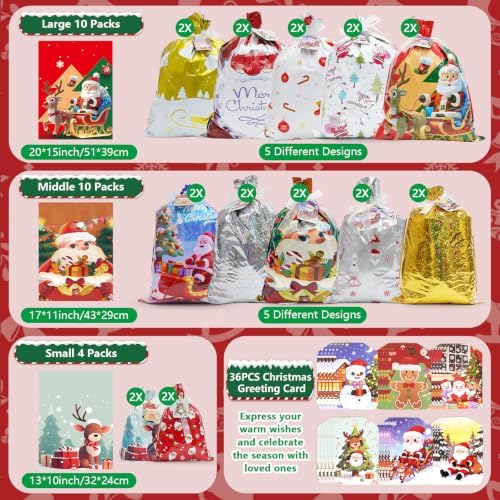 Koncci 36 Pcs Christmas Gift Bags, Assorted Sizes Medium Large Extra Large