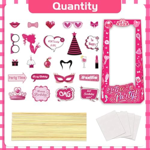 24 Pcs Pink Girls Birthday Photo Booth Props Kit - Hot Pink Princess Birthday Party Photo Booth Props Set, Sweet 16 18 21 30 40 50 or Any Other Bday Party Party Deco