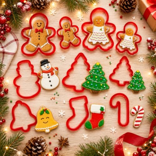Christmas Cookie Cutter Set - 10 Piece Plastic Gingerbread Man*4, Christmas Tree*2, Beckoning Snowman*1, Bell*1, Christmas Stocking*1, Candy Cane*1, for Biscuit, Fondant