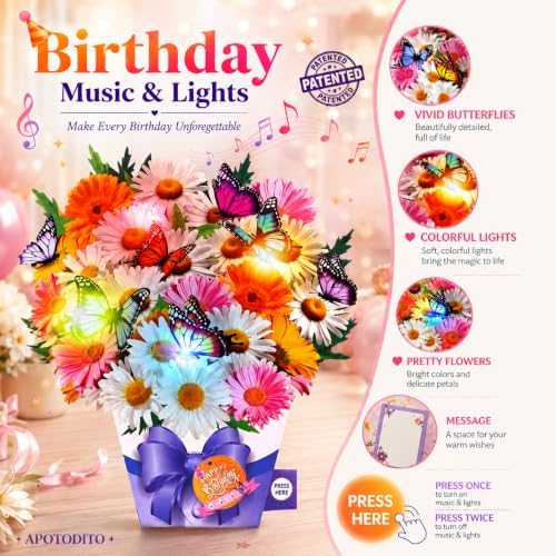 APOTODITO Birthday Cards, Butterfly & Daisy Birthday Card with Music and Light, Flower Bouquet 3D Card for Women Mom Wife
