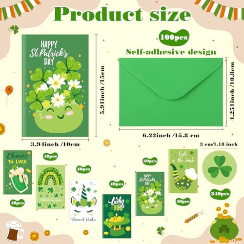Crtiin 240 sets St. Patricks Day Cards Bulk with Envelopes Stickers